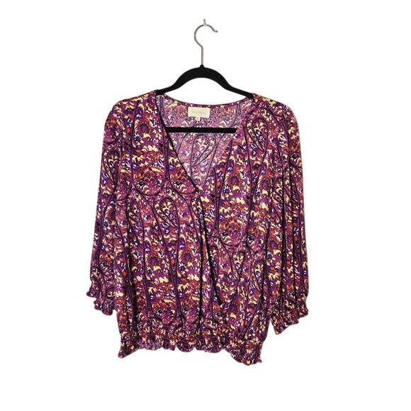 MELLODAY Tops - Melloday Womens Paisley Wrap Top Size XL Purple Smocked Hem Bohemian
